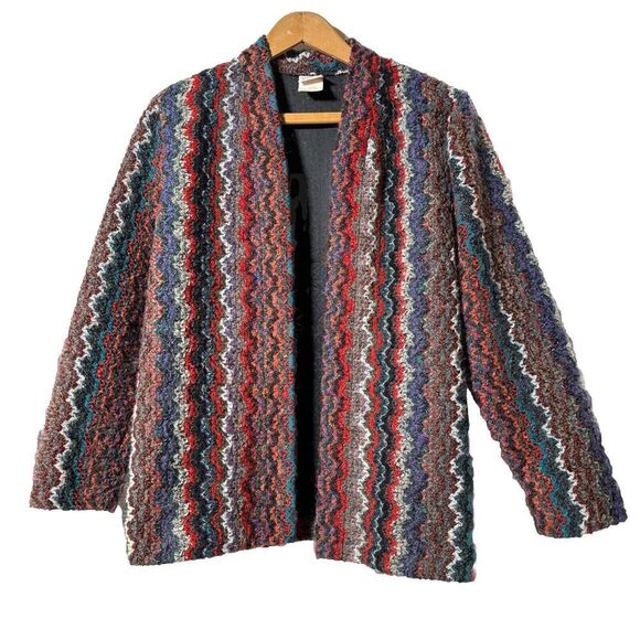 VTG Zig Zag Knit Cardigan Sweater USA Made 80s Boho Art to Wear Wool Blend Sz 10 - Picture 1 of 10